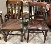 2 vintage wood side chairs - one with a leather-