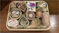Tray lot of 11 carved stone boxes most with