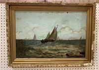 Antique oil painting on canvas - sailboats in the