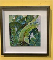 Framed original watercolor of banana leaves on
