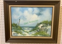 Large framed oil painting on canvas - beach scene