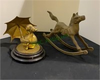 Solid brass rocking horse and duck with umbrella