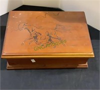 Wooden box with horses engraved on lid. Measures