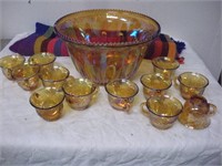 Carnival Glass Egg Nog Punch Bowl W/ Cups
