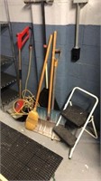 Hand tools and step ladder (rake, snow blower,
