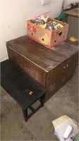 Wood bench, box with mixer, and cabinet