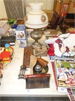 LOT WITH LAMP, BUTTER MOLD, BACON PRESS, AND