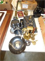 LOT OF COLLECTIBLES, BELLS, BINOCULARS AND