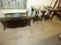 3 PC GLASS TOP WOOD BOTTOM COFFEE & END TABLES