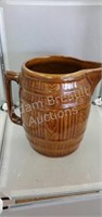 Vintage 8in glazed Pottery barrel water pitcher