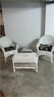 Four piece wicker chairs coffee table and end