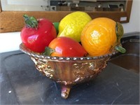 Amber Glass Bowl with Assorted Glass Fruit