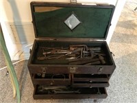 Antique Wooden Machinist Tool Box & Tools