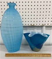 2 pretty blue pieces of art glass - vase & bowl