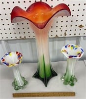 3 art glass tulip vases