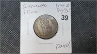 1944b Toned Switzerland 1 Franc Coin by3039