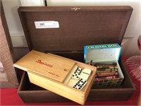 Dominoes, Wooden Cigar Box and Crayons