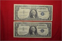 (2) 1957-B $1 Silver Certificate  Blue Seals