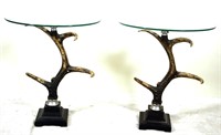 PAIR OF STAG HORN GLASS TOP SIDE TABLES