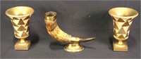 PAIR OF GILDED URNS AND MOUNTED HORN