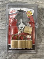 Lot of 4 Small Brass Ace Luggage Locks w/Keys