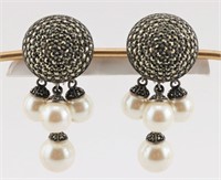 Sterling Silver Marcasite Earrings w/ Pearl Drops