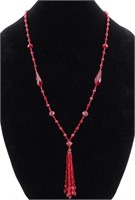 Czech Red Glass Beaded Tassel Necklace