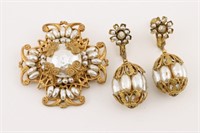 Miriam Haskell Gold & Faux Pearl Brooch & Earrings