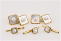 14K Gold Cufflink Set w/ White Pearls