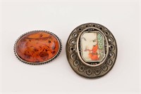 2 Sterling Brooches. Amber