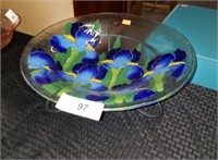 Hand Painted Glass Dish with Stand, Signed