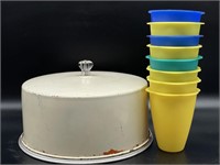 Vintage Metal Cake Carrier and Plastic Cups