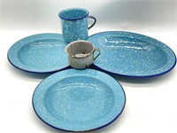 Enamel Dishes and Cups - Dishes are 11” and 8.5”