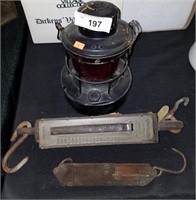 Antique Railroad Lantern + Pair Of Scales
