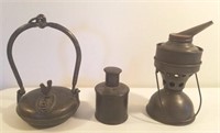 EARLY OIL LAMPS, ONE  IS ANTIQUE TIN INHALER