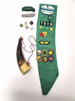 Lot of Girl Scout Patches, Sash, Knife, & Horn