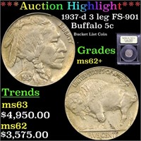 1937-d 3 leg Buffalo Nickel FS-901 5c Graded Selec