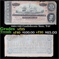 1864 $20 Confederate Note, T-67 Grades vf+