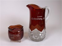 Ruby Glass Gettysburg Souvenir Pitcher & Creamer