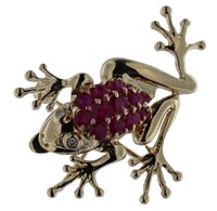 14kt Gold Natural Ruby & Diamond Frog Brooch