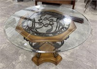 Wood and Iron Pedestal Base Glass Table