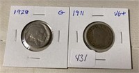 1911 Liberty "V" Nickel and 1928 Buffalo Nickel
