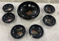 Set of Vintage Japanese Wood Black Lacquer Bowls W