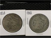 Four 1888 P&O Morgan Silver Dollars