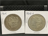 Two 1904 P&O Morgan Silver Dollars