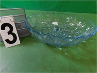 Vintage Blue Oval Fruit Bowl Footed W/ Fruit -