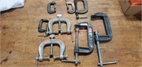 Lot of C clamps & 3 way clamps various sizes.