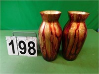 Pair Of Red/ Gold Vases 11" T