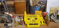 Assorted tools, office supplies & batteries, &