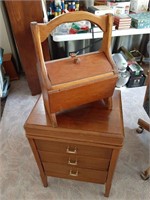 VINTAGE END TABLE,  SEWING BOX AND ACCESSORIES